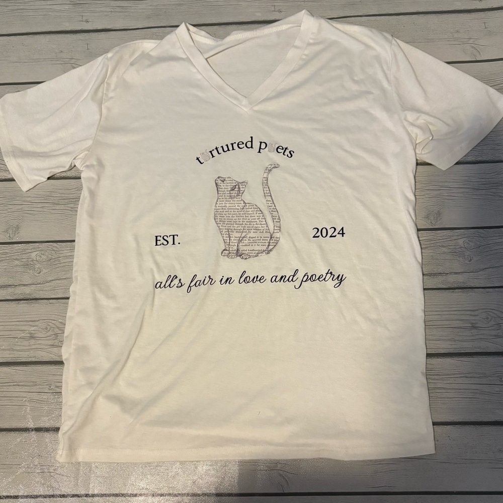 White Graphic T-Shirt with Cat Design-tortured poets department